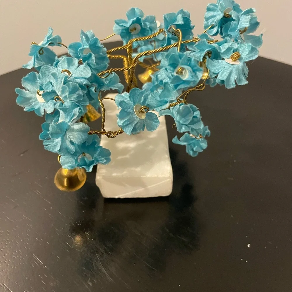 VTG Prosperity Tree Brass bells & beautiful blue Fabric Flowers w/marble Base
